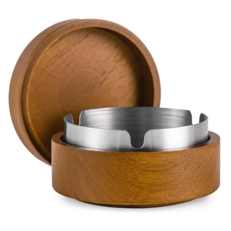 Lid Smokeless Stainless Steel Liner Smell Proof Portable Indoor Outdoor Patio Windproof Ash Tray Wooden Cigarette Ashtray