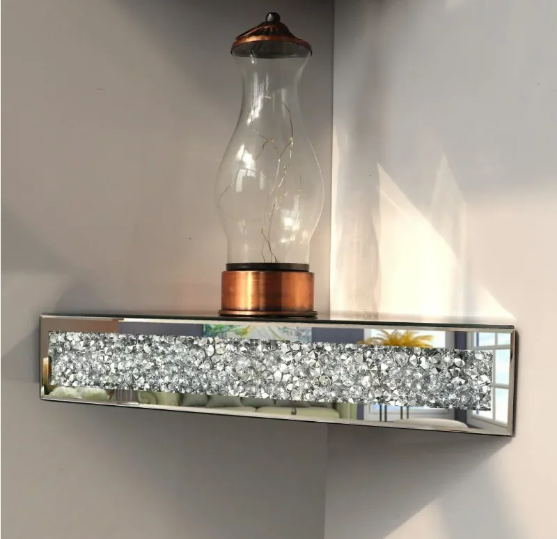 FOSUN Floating Wall Shelf Mirrored Glamorous Crushed Diamond Crystals Wall Rack Glass Display Ledge of Trophy and Photo Frame