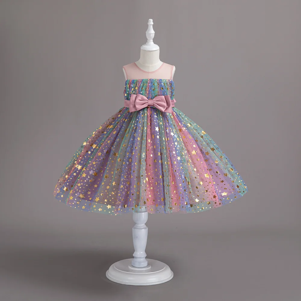 2023 fashion New girls net yarn bow princess dress kids colorful cake puffy dress birthday party shiny wending dress girls