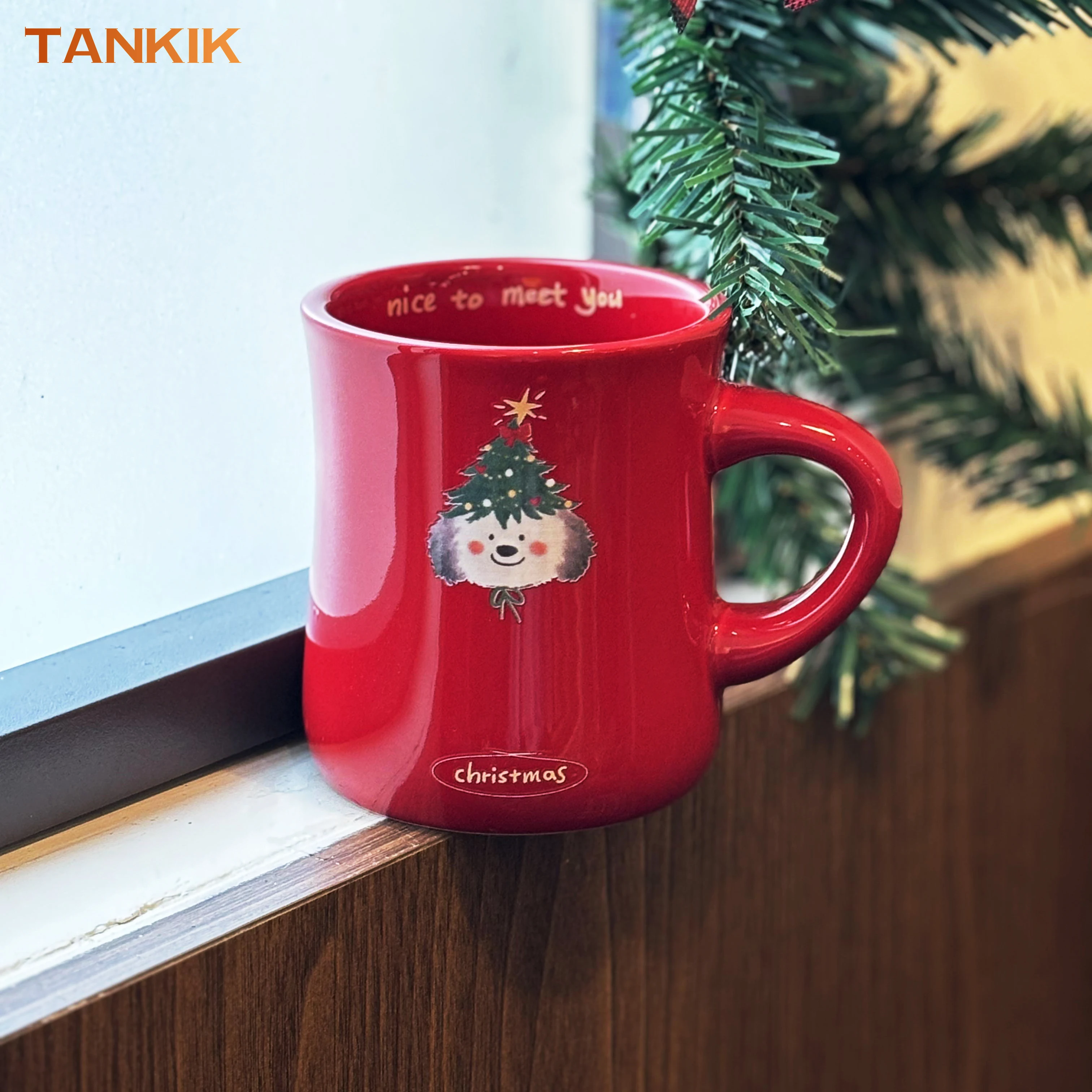 Cute Cat Dog Cartoon Design Wholesale Snow White Lid Golden Big Cute Christmas Red Green Ceramic Mug Gift For Christmas Gift