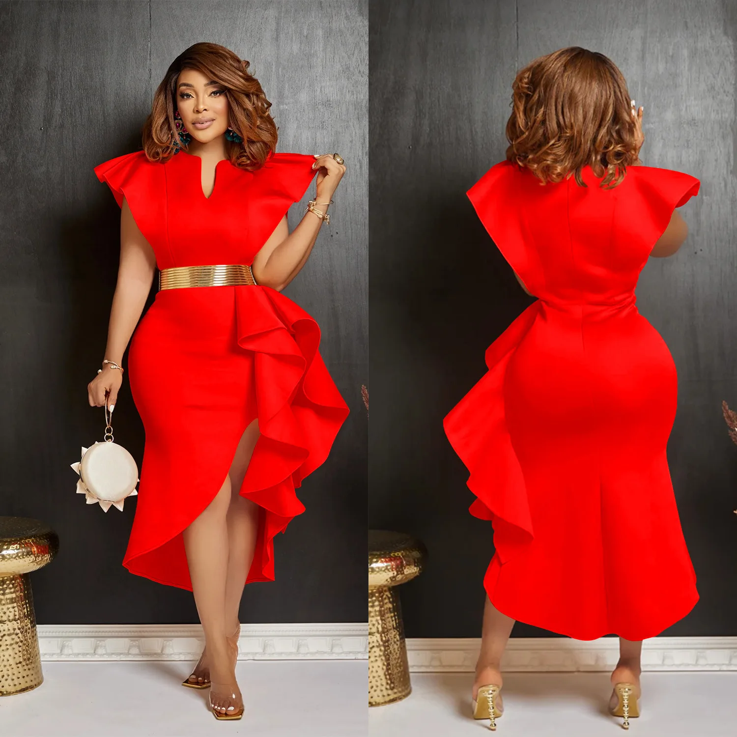 Plus-size Womens Solid Color Slit Irregular Evening Party Dress Lady Party Prom Dinner Elegant Ruffle Bodycon Dress