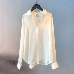 YiXin Blouses For Womens 2022 Plain Long Sleeve Silk Satin Blouse For Women Office Business Casual White Blouse Women