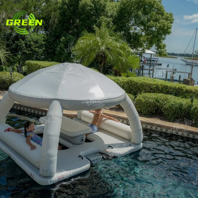 Green inflatable floating slide fish rooftop car tent air lounge chair bathing swim covered circle pool custom inflatable island