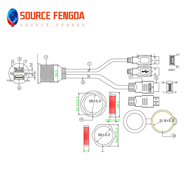Hot sell USB2.0&HD AUX Extension Flush Mount Cable 1/8 AUX Car Bike Boat Motor