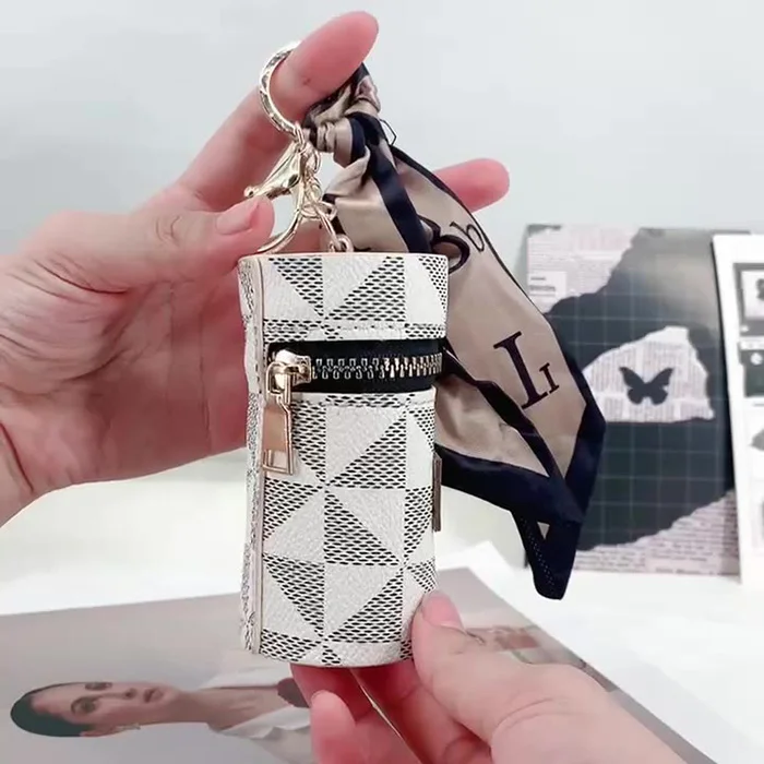 Luxury Fashion Women Mini Leather Lipstick Bag Keychain Custom leather bucket lipstick bag keychain