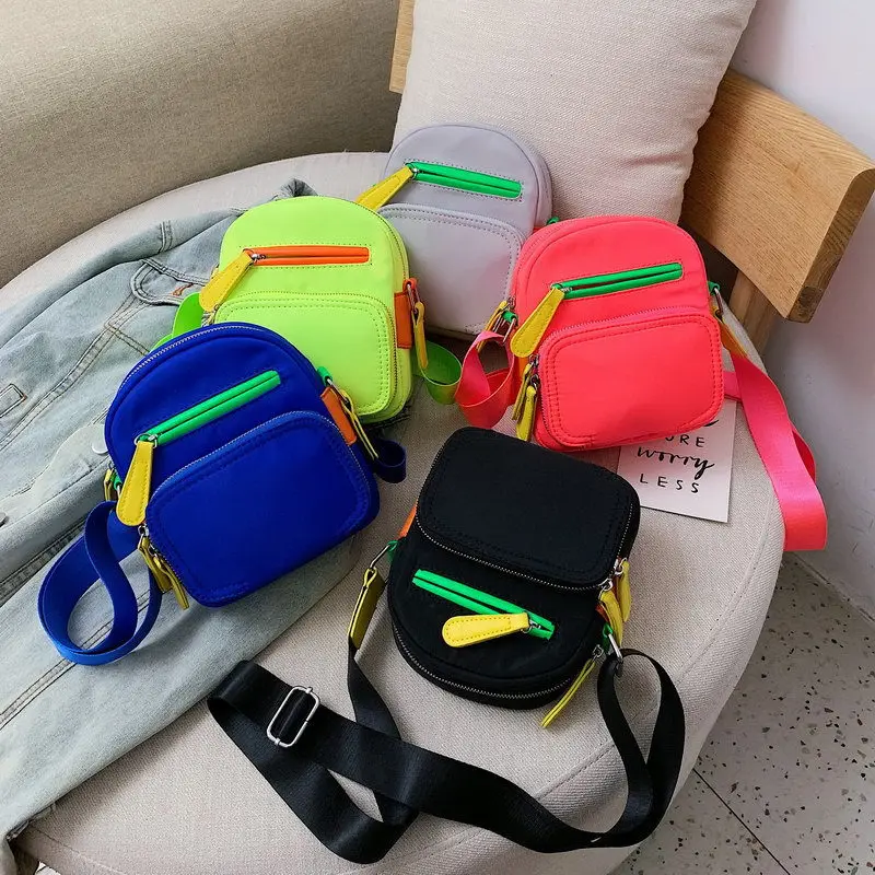 Wholesale Fashionable Color Block Wide Strap Cute Girls Crossbody Bag Nylon Neon Purse