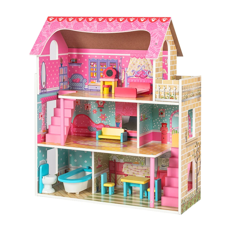 Wholesale Diy Three-layer Girls Big Wooden Doll House For Kids With 14 Small Furnitures