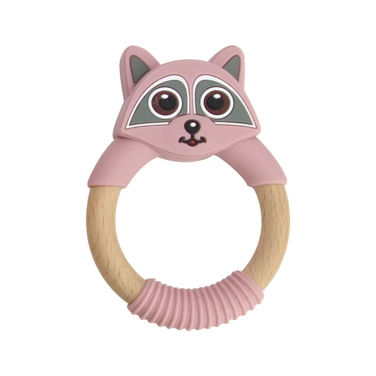 High Quality Custom 100% Food Grade Baby Wooden Raccoon Teether Toy Soothing Chew Sensory Teether  Ring Infants Set