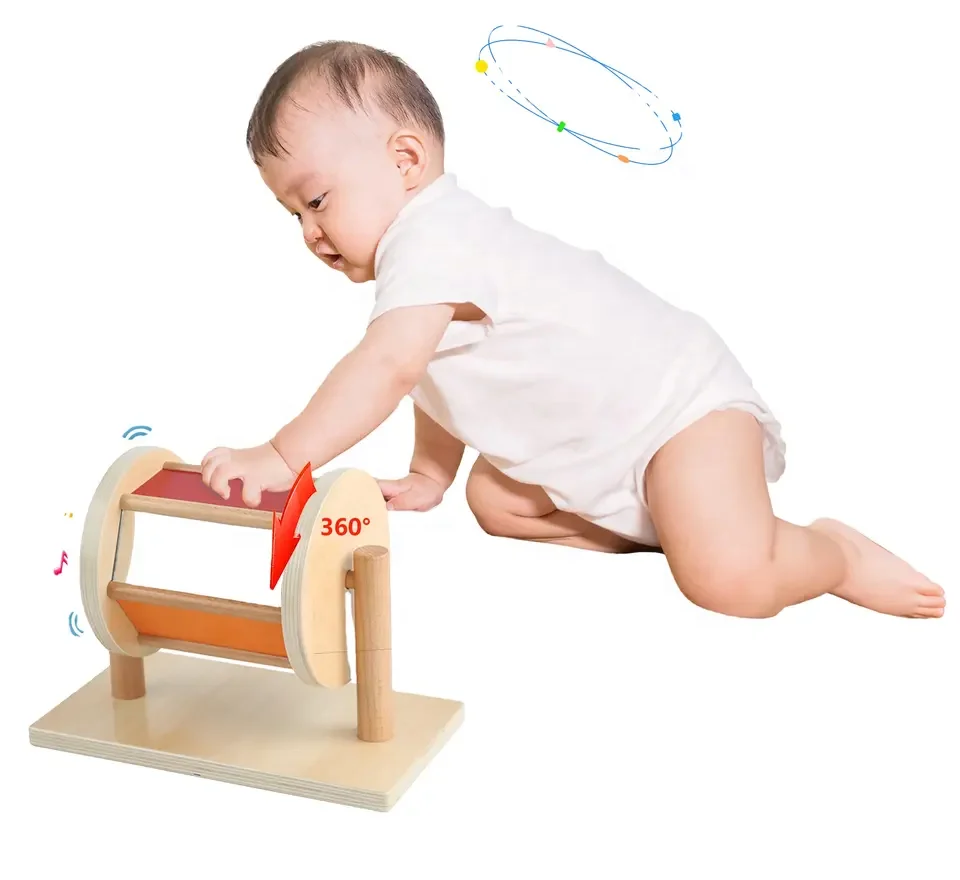 Montessori Spinning Musical Early Education Teaching Aids Wooden Rainbow Colors Baby Customized Toys Rainbow Drum With Bell