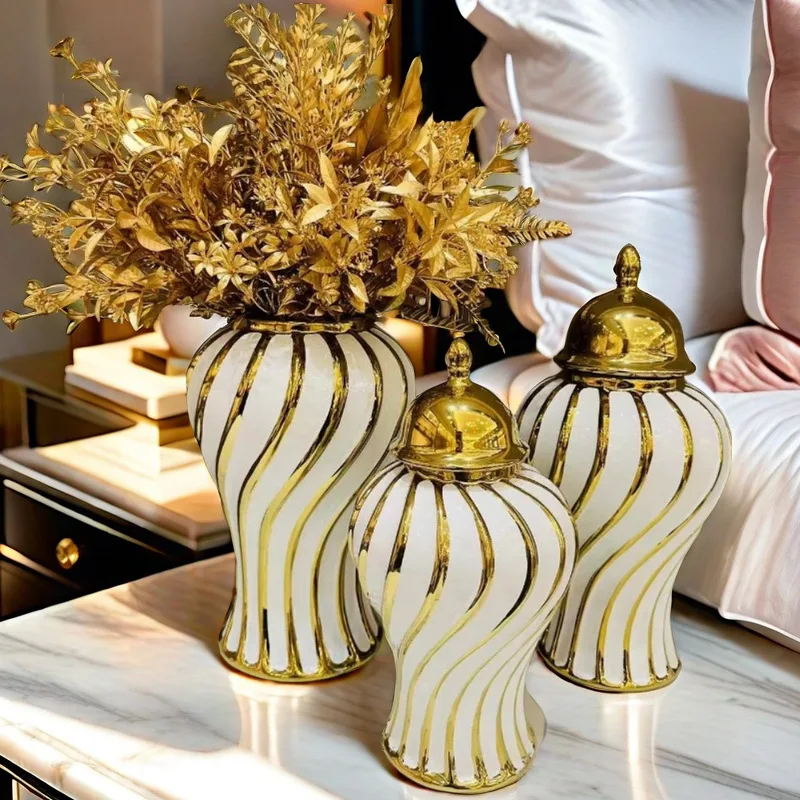 Nordic Luxury Big Flower Vase Home Decor Vertical Striped Gold Electroplated Porcelain Tall Ginger Jar Ornament for Lobby