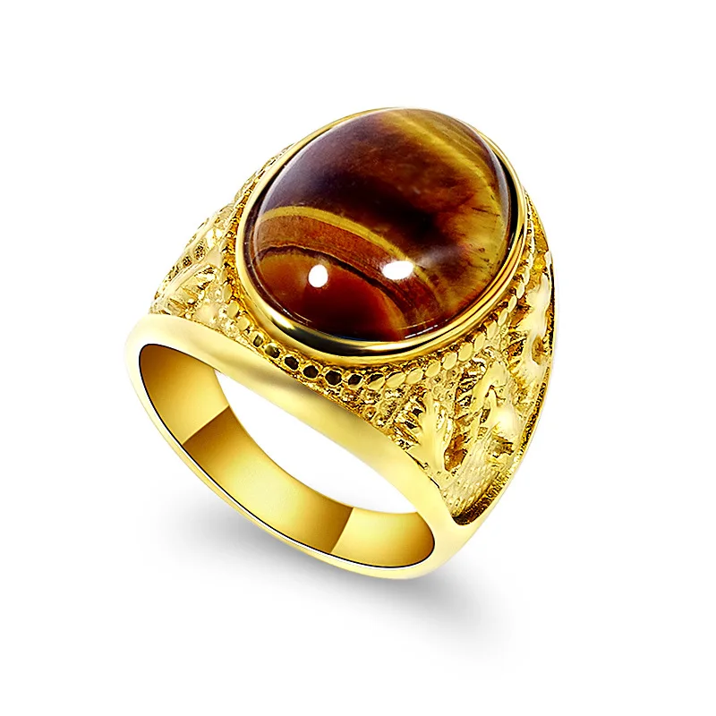 High Quality Stainless Steel Jewelry Punk 18k Gold Tiger Eye Stone Man Ring Tiger Eye Ring For Men