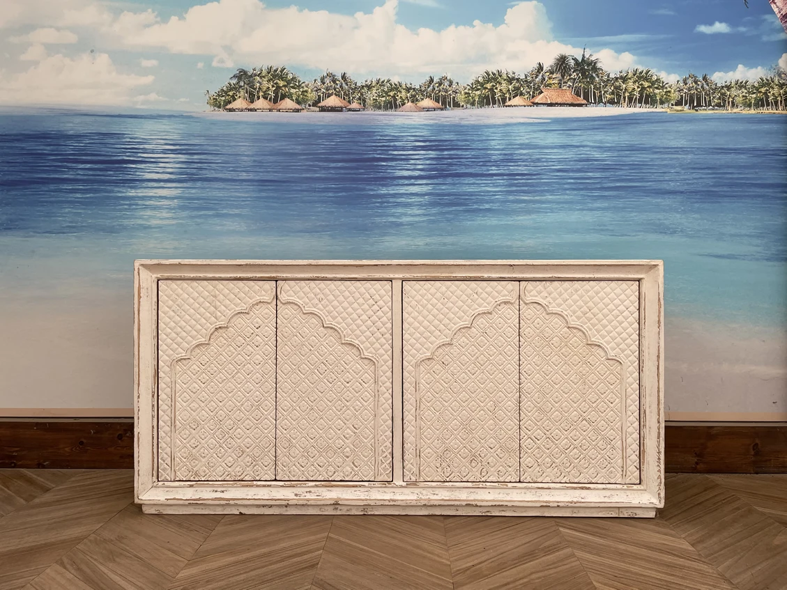 Chinese Antique Handcrafted Wooden Sideboard Rustic Carving White Wash Buffet Living Room Distressed Shabby Chic Cabinet