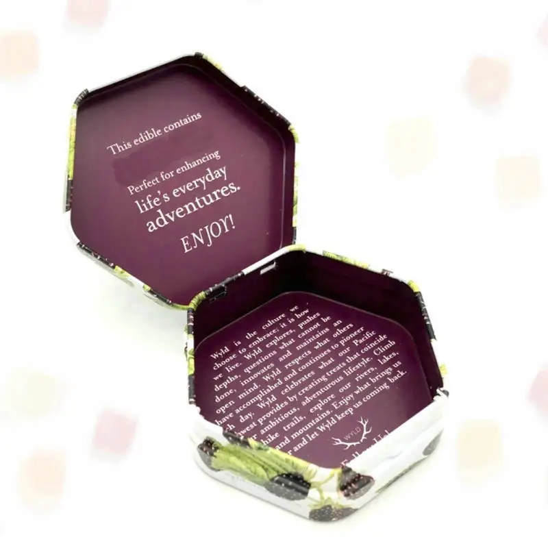 Biodegradable Tinplate Material Certified Child Resistant Hexagon Shape Tin Can Packaging for Gummies Mints
