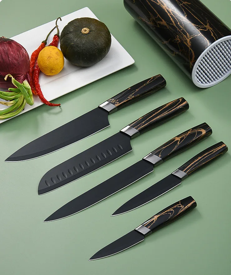 New Design kitchen knifes 6 piece set with block PP handle rose gold coating blade black blade Chef Knife set