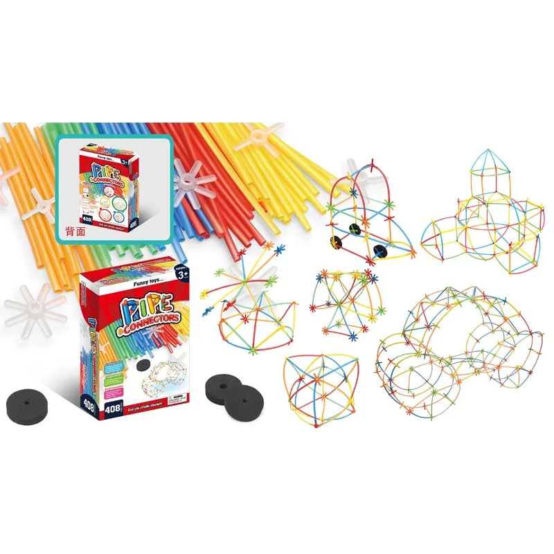 Safe eco friendly funny pipe  connector block toy 408pcs diy assemble toy plastic straw stem building block