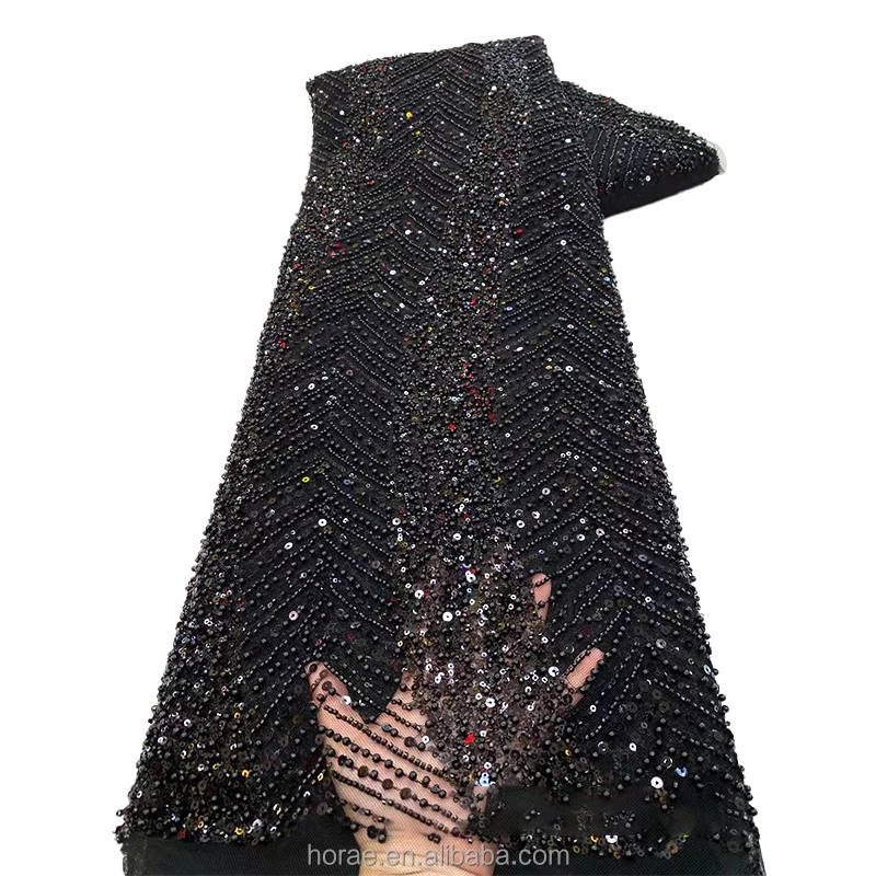 SF011 Luxury African Heavy Beaded Lace Bridal Fabrics Solid Color 3D Sequin Pearl Mesh Fabric for Wedding Dress