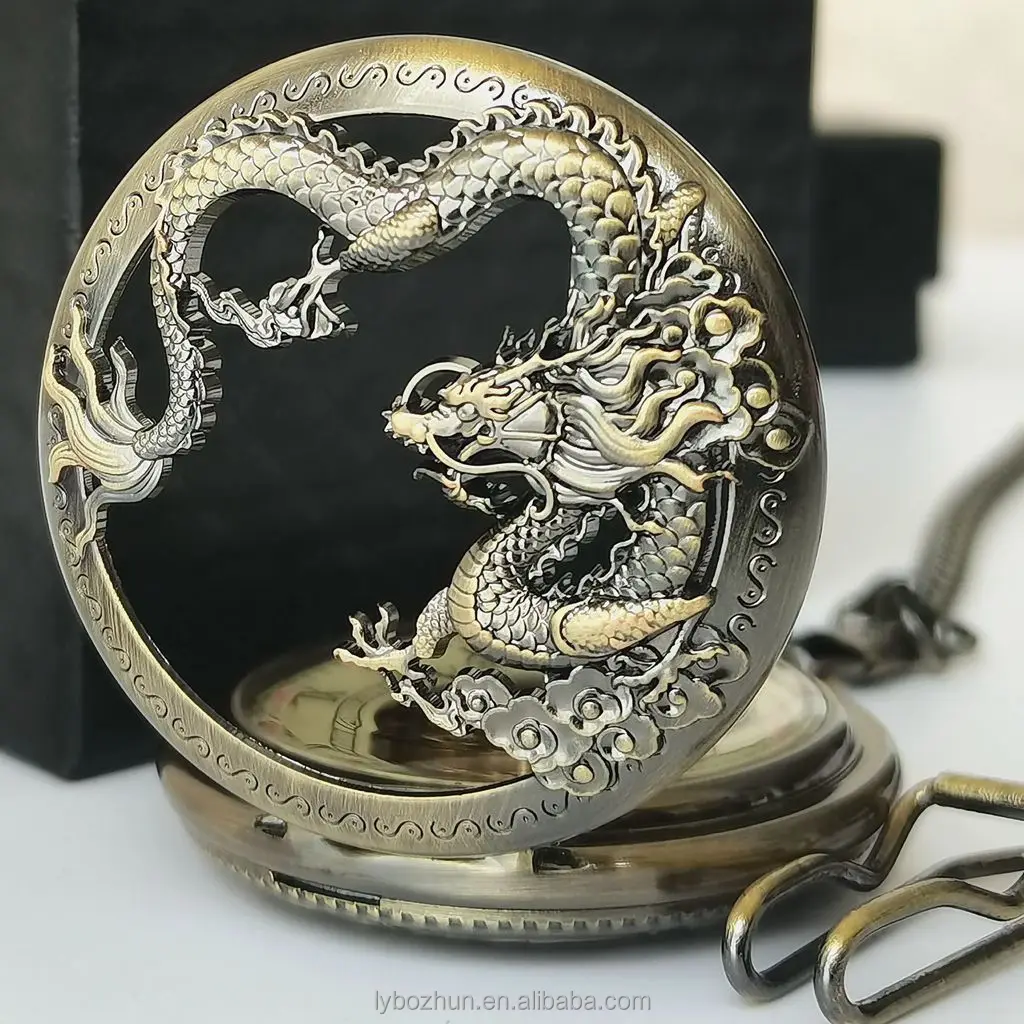 Wholesale Vintage Half Dragon Stainless Steel Hollow Mechanical Pocket Watch