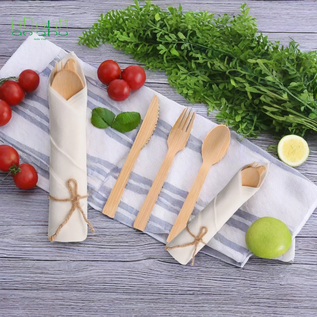 Pre Rolled Disposable Bamboo Cutlery Set: Biodegradable and Compostable Utensils Set Fork/spoon/Knife/Napkin for Party/Banquet