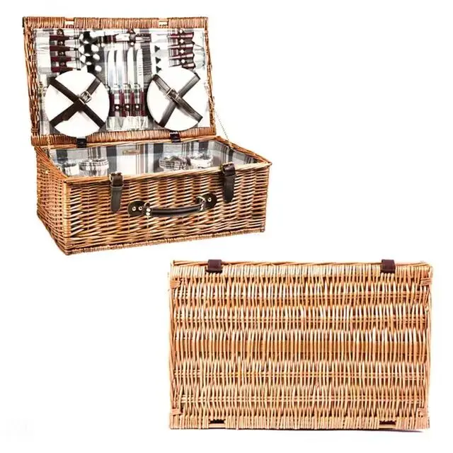 Hot selling wicker picnic basket for 4 people, rectangular with carpet, outdoor camping wicker basket