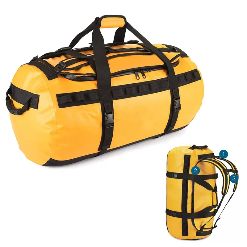 sport gym bag 3 carrying ways Yellow 90L 60L 30L large weekender travel  Waterproof Duffel bag with Backpack Straps