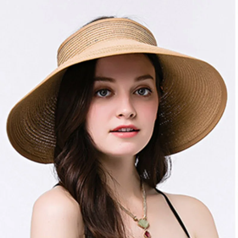 Promotional Fashionable Ladies Chapeau Femme Summer Brown Natural Straw Sun Visor Hat
