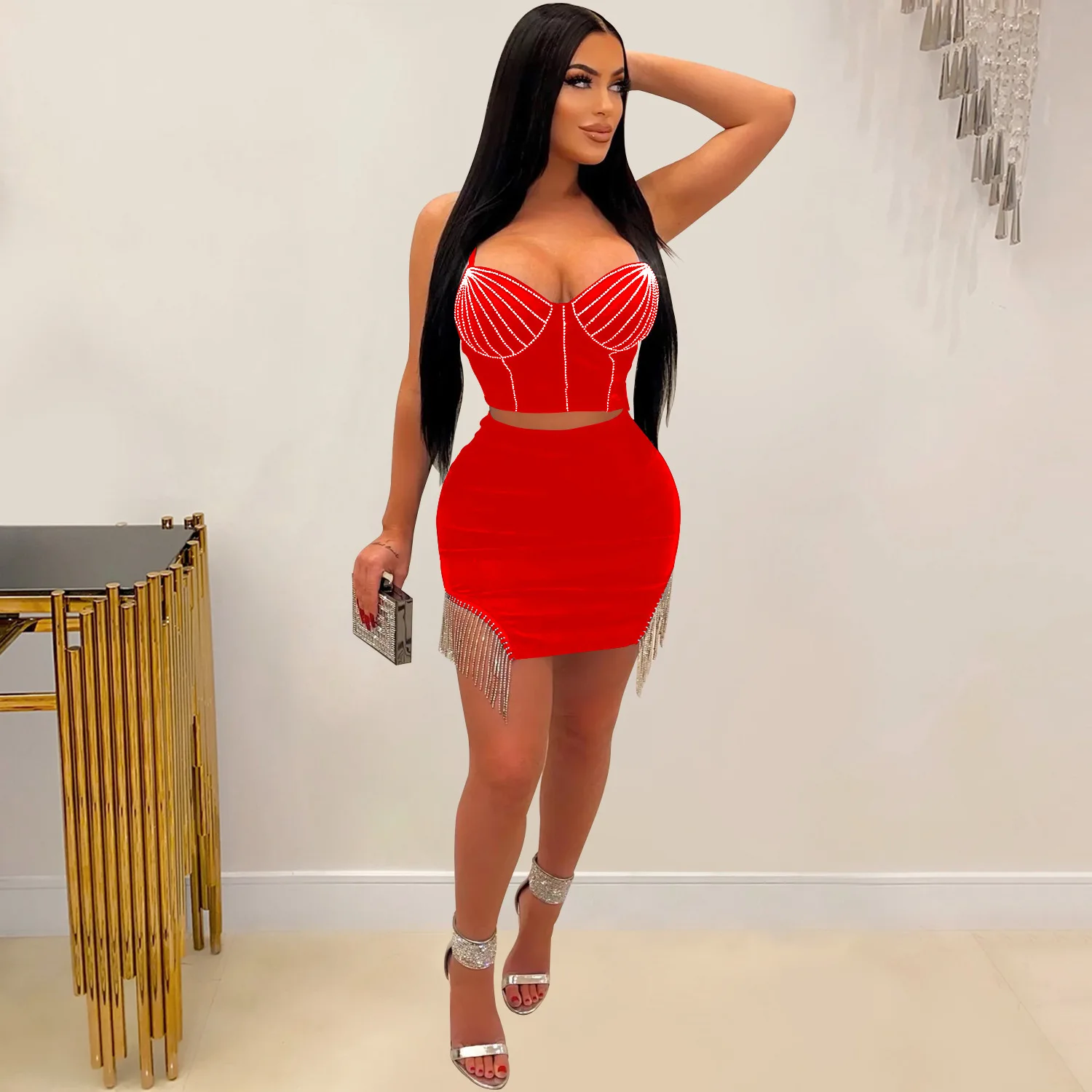 X1238 -  fashion rhinestone fringe spaghetti sleeveless camisole and mini skirt 2 piece set women clothing