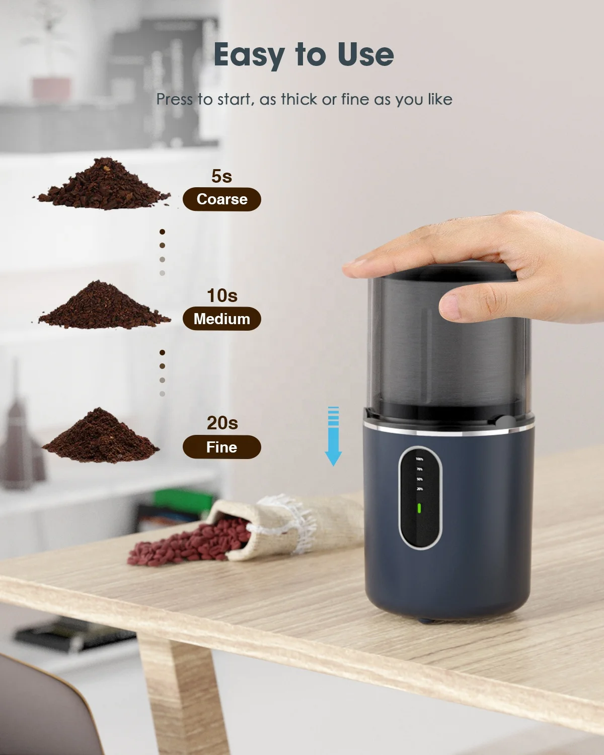 
Chargable Cordless Portable Coffee Grinder with Stainless Steel Blade & Detachable Bowl, 2.5oz/12 Cups 