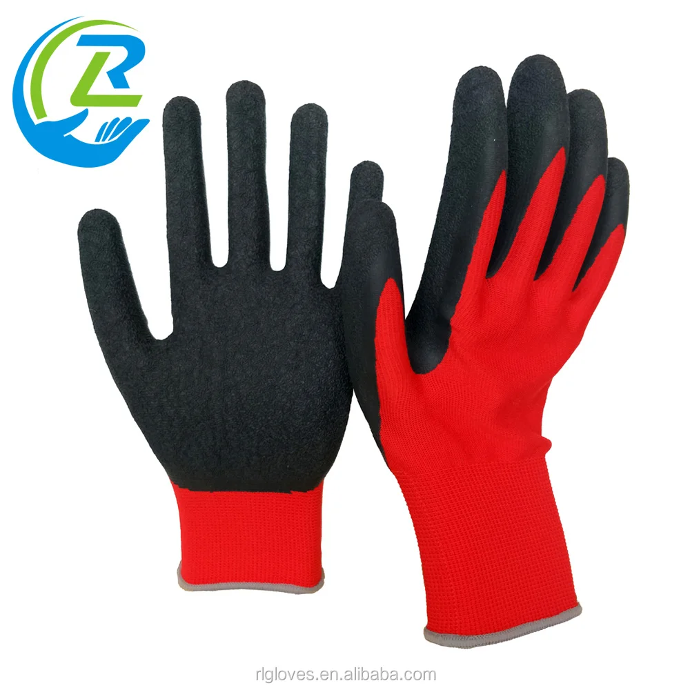Industrial Labor En388 13 Gauge Red Black Anti Slip Grip Latex Crinkle Coated Construction Household Safety Working Gloves