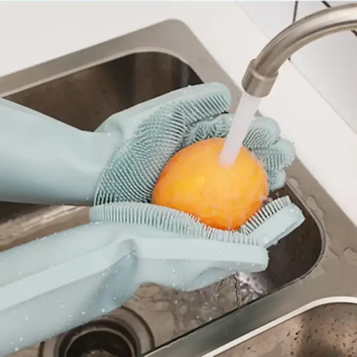 Wholesales Waterproof Durable Reusable Household Silicone Washing Scrubber Dishwashing Cleaning Gloves With Brush
