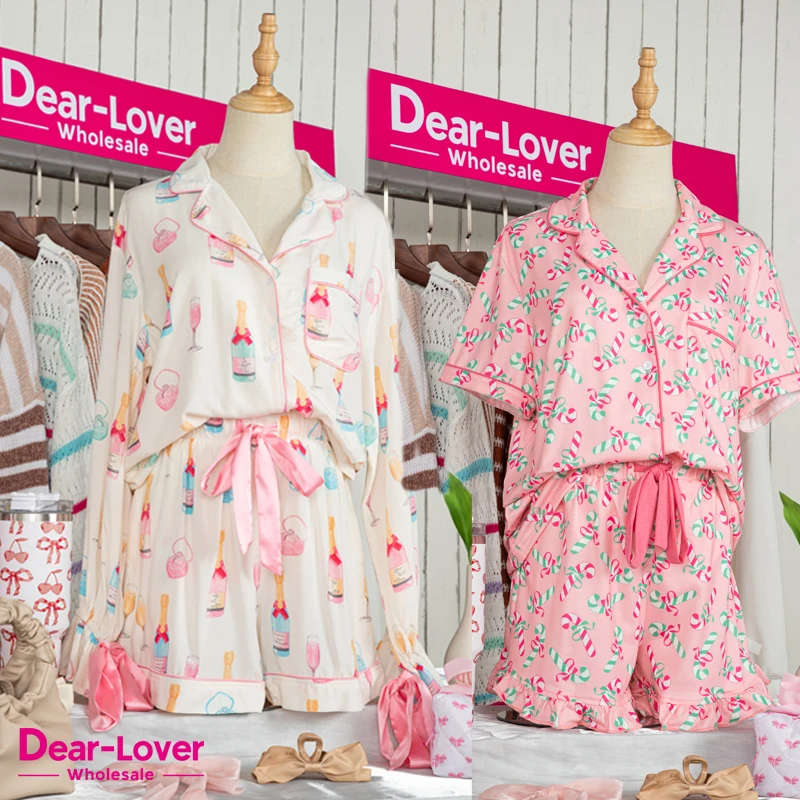 Dear-Lover Wholesale OEM ODM High Quality Cute Christmas Print Bow Knot Two Piece Lounge Wear Loungewear Women Pajama Set