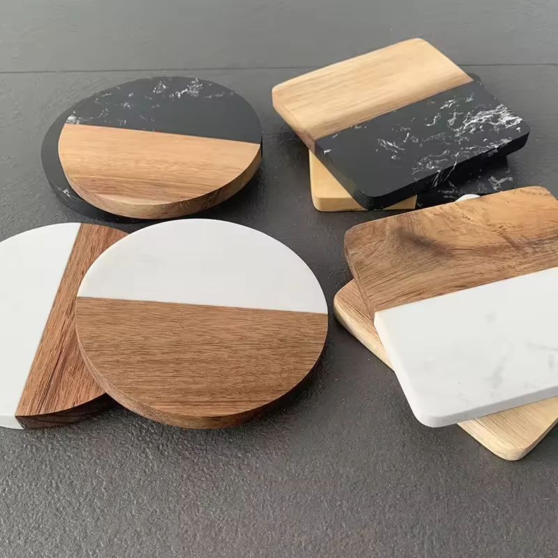 Custom size marble board coaster round and square wooden coasters for drinks cup marble and acacia wood coaster