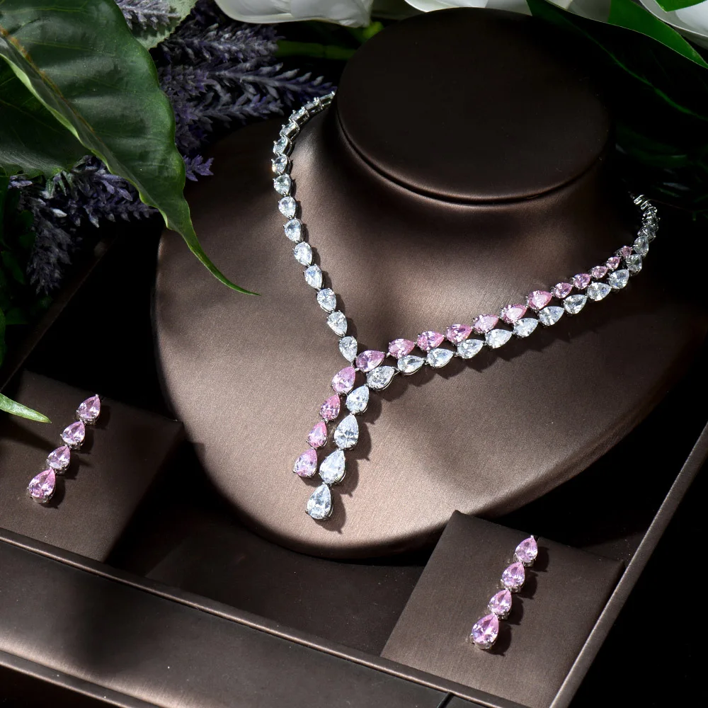 HIBRIDE Clear Best Quality Brilliant Crystal Zirconia Earrings And Necklace Bridal Jewelry Set Wedding Dress Accessories N-1453