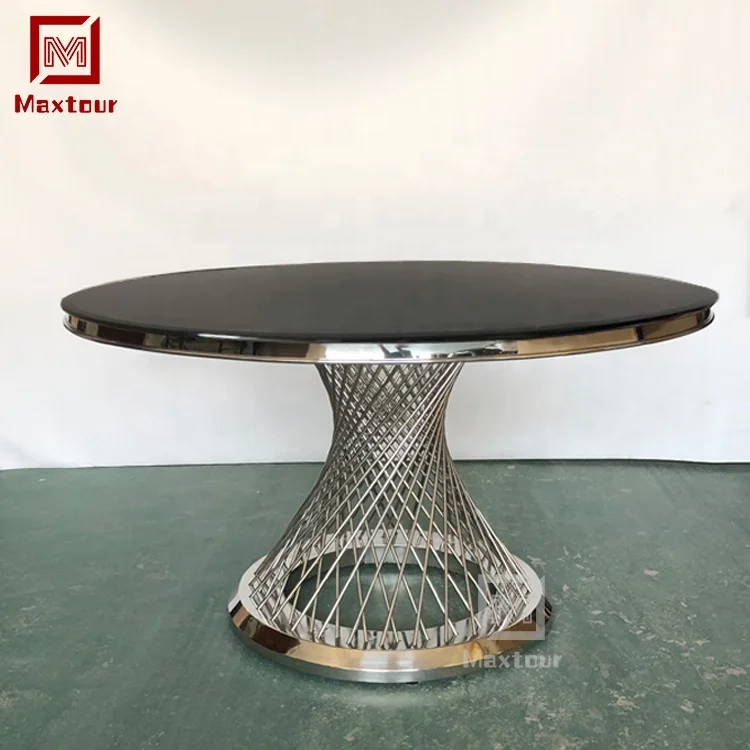 Modern design stainless steel base customized luxury black glass top round dining table