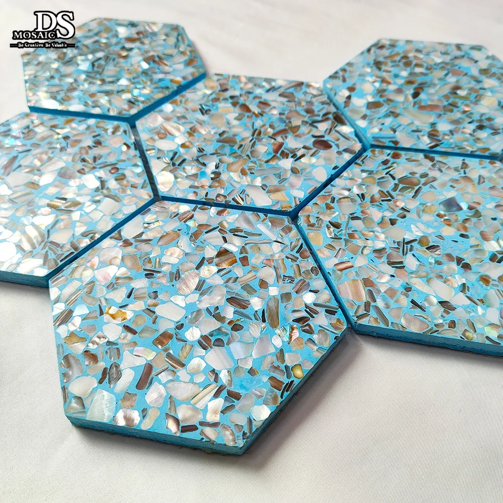 Polished Blue Hexagon Shape Natural Mother of Pearl Shell Tile Waterjet Cut Parquet Mosaic for Interior Backsplash Kitchen Ti