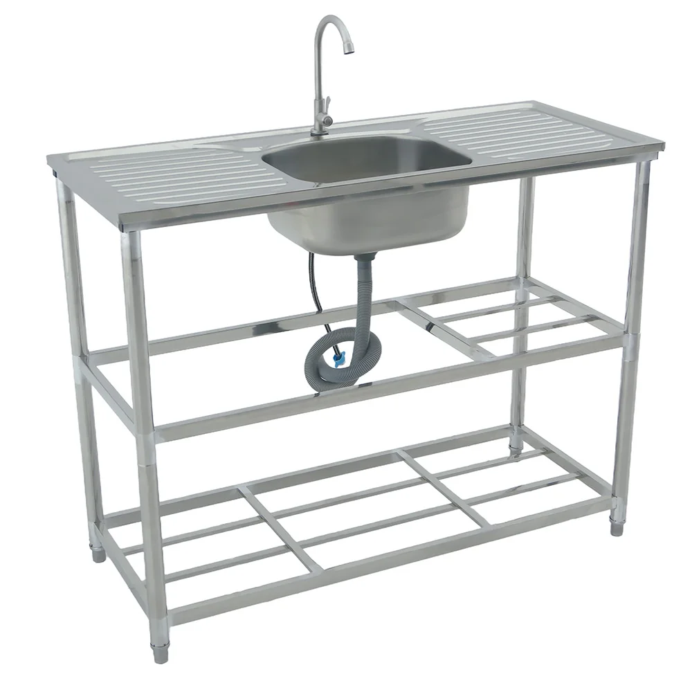 New Arrival Stainless Steel Table with Single Bowl Sink and Drainer Board Freestanding Outdoor Kitchen Sink