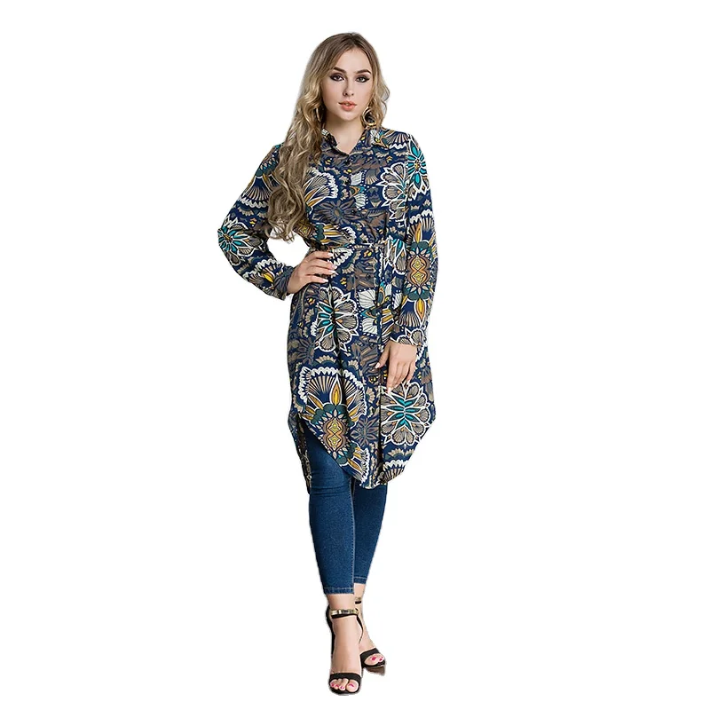 Factory Price Long Sleeve Tops Islamic Clothing Ethnic Floral Printed Muslim Lady Blouse Long Shirts