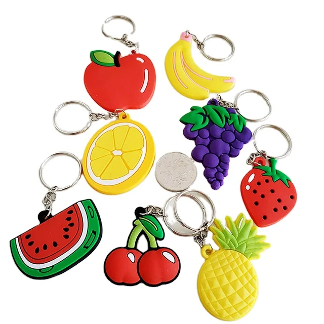 CUSTOMIZED ELASTIC SOFT DURABLE CUTE PVC GIFT WITH METAL RING APPLE ORANGE PINEAPPLE WATERMELON STRAWBERRY FRUIT KEYCHAIN