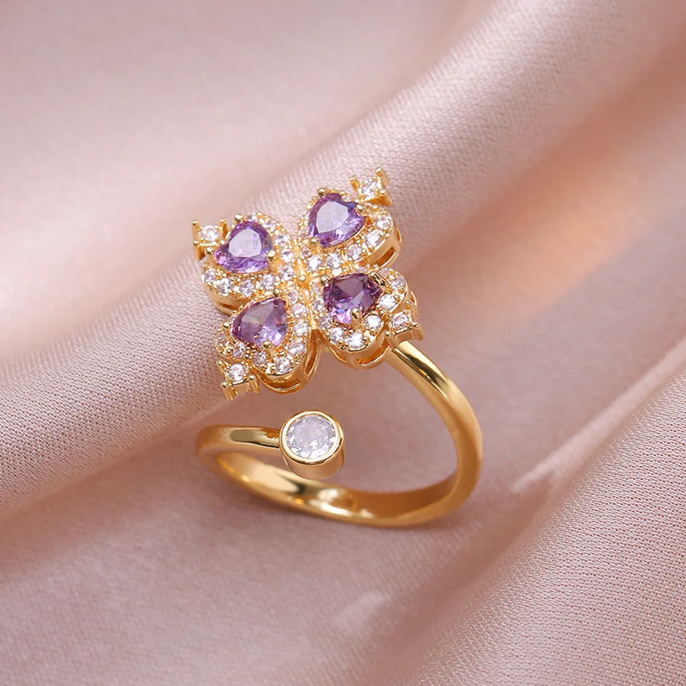 Collar De Acero Inoxidable 8K Gold Plated Stainless Steel Purple Zircon Flower Pendant Necklace Earring Bracelet Ring Jewelry