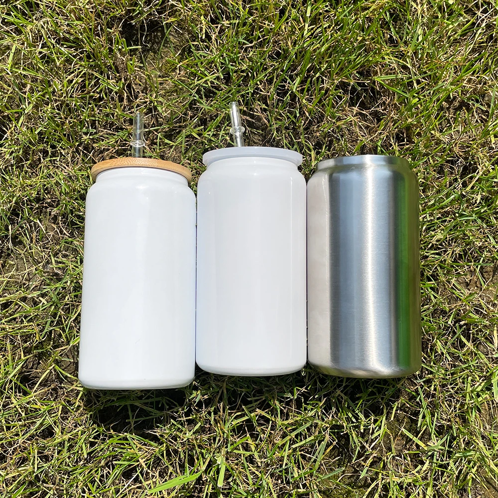 US warehouse 16oz stainless steel can tumbler white sublimation 16oz Metal Beer Can Tumbler with pp plastic lids and bamboo lids