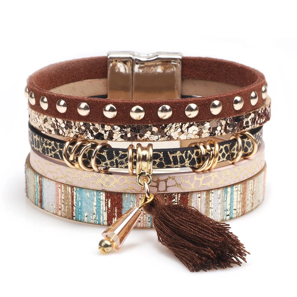 Bohemian style Mul magnetic snap PU leather rope handwoven bracelet with tassel pendant