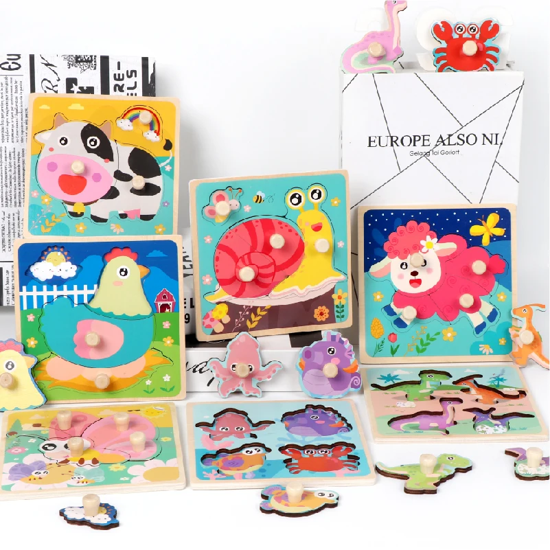 Montessori Wooden Puzzles Hand Grab Boards Toys Tangram Jigsaw Baby Educational Toys Cartoon Vehicle Animals Fruits 3D Puzzles