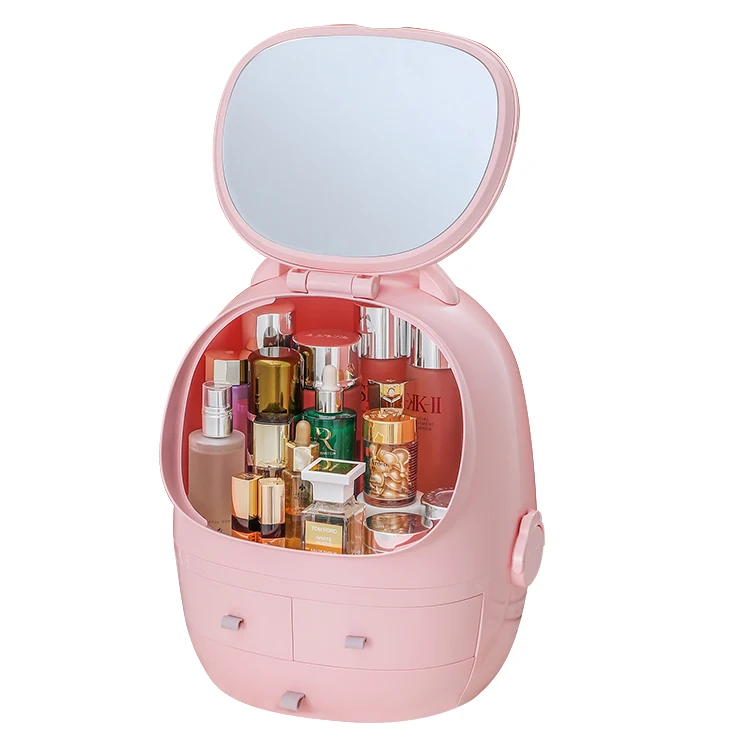 Household Plastic Dust-Proof Double Layer Beauty Makeup Storage Box with Lift Mirror Cute Lazy Cosmetic Storage Box