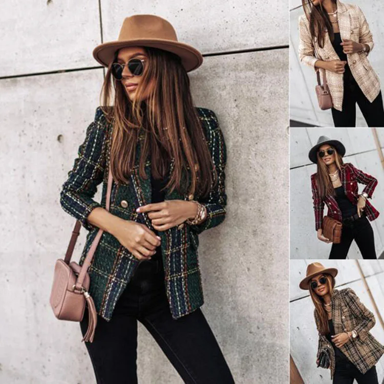 Vintage Elegant Double Breasted Women Blazer,Plus Size Women Clothes Formal Plaid Lapel Blazers for Womans 2022