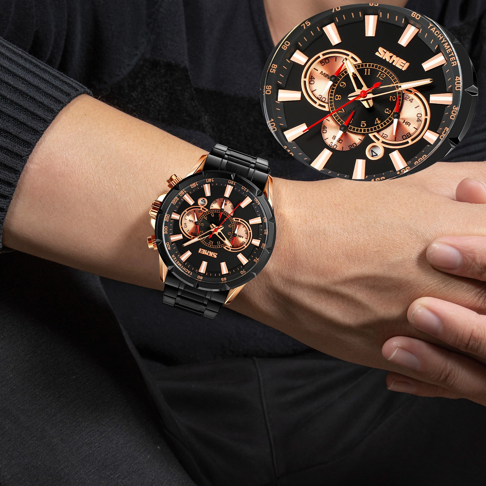 Skmei 9241 Men Quartz Watch Multi-function Luxury Chronograph Wristwatch Stainless Steel for Men Jam Tangan Glass Time Alloy