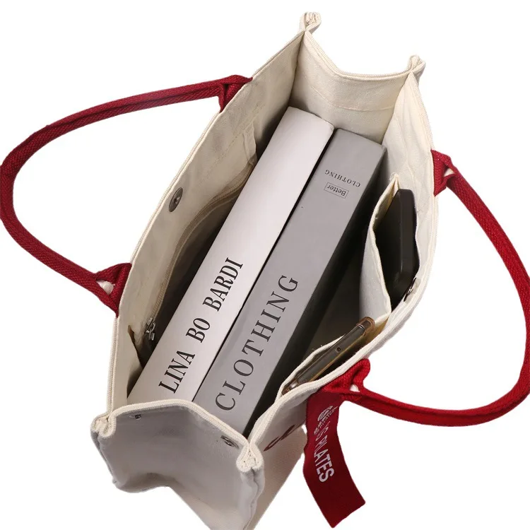 Heavy Duty Long Ribbon Thick Cotton Large Tote Bag Canvas Bags Plain Customized Canvas Bag With Zipper And Inner Pocket