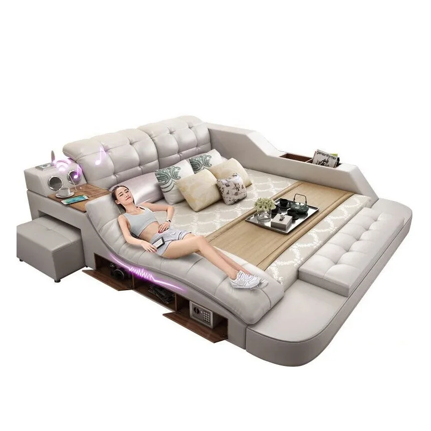 MEIJIA Низкопрофильная Современная многофункциональная роскошная кожаная двуспальная техническая умная мебель кровать с откидным креслом из татами