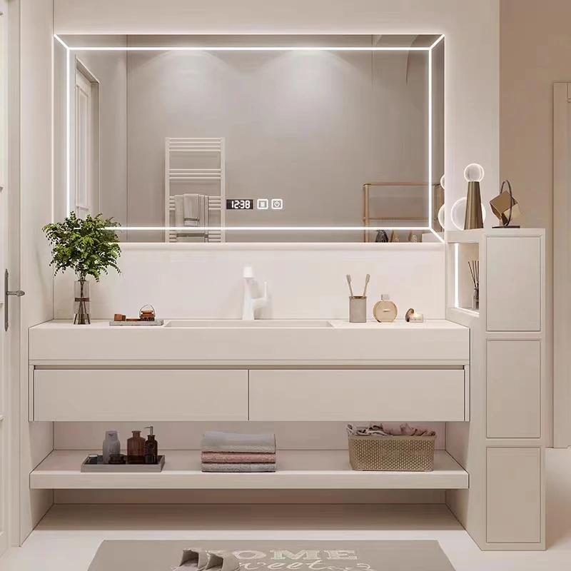 Hot Sale Single Sink Marble Bathroom Cabinet Modern Floating Washroom Solid Wood Vanity With Mirror