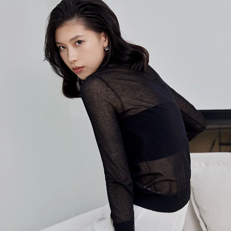 Лидер продаж, облегающая Прозрачная черная футболка с длинным рукавом и воротником-стойкой