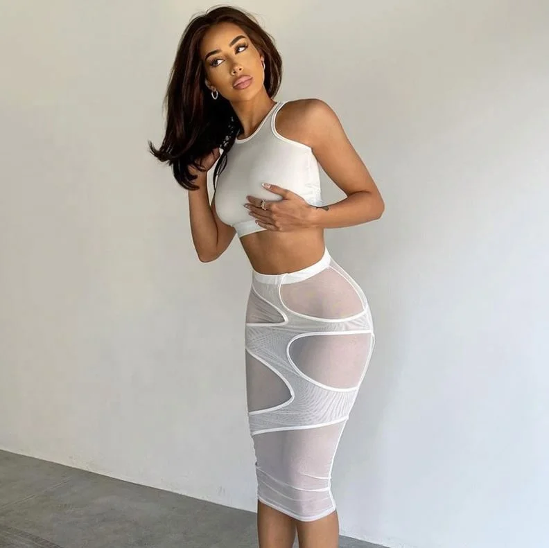 Wholesale 2021 summer new style solid color sexy skinny mid-waist mesh midi skirt