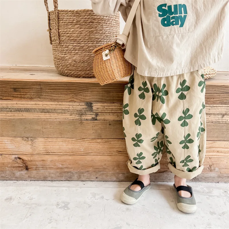 Spring Autumn New Children Casual Pants Girls Fashion Flower Print Harem Pants Kids Loose Trousers Vintage Boys Pants